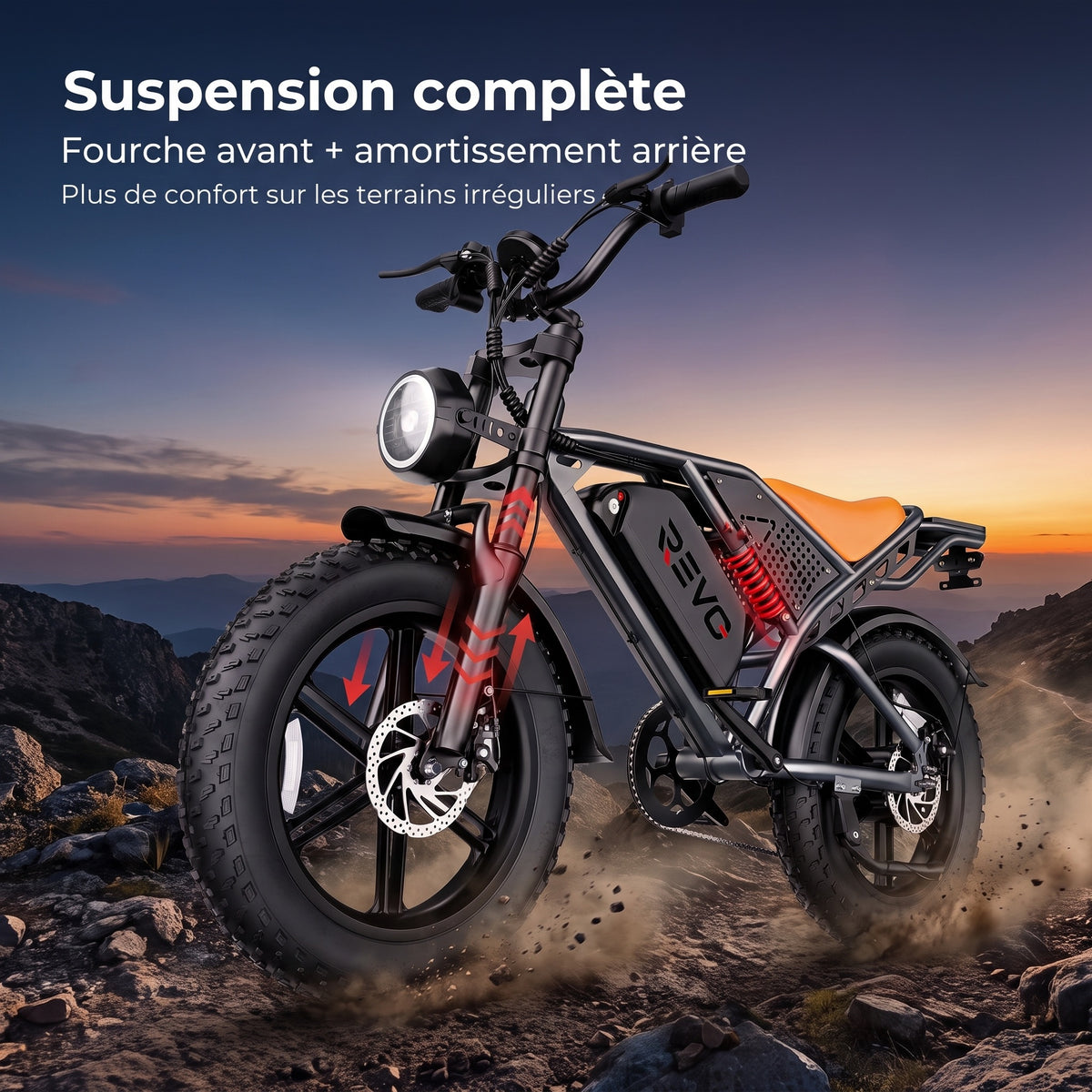 Vélo Électrique Fat Bike REVO Outland 120 – Couple 120 N·m, Batterie Amovible 48 V, Pneus 20 × 4", Suspension Complète & 7 Vitesses