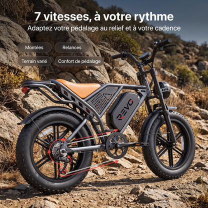 Vélo Électrique Fat Bike REVO Outland 120 – Couple 120 N·m, Batterie Amovible 48 V, Pneus 20 × 4", Suspension Complète & 7 Vitesses