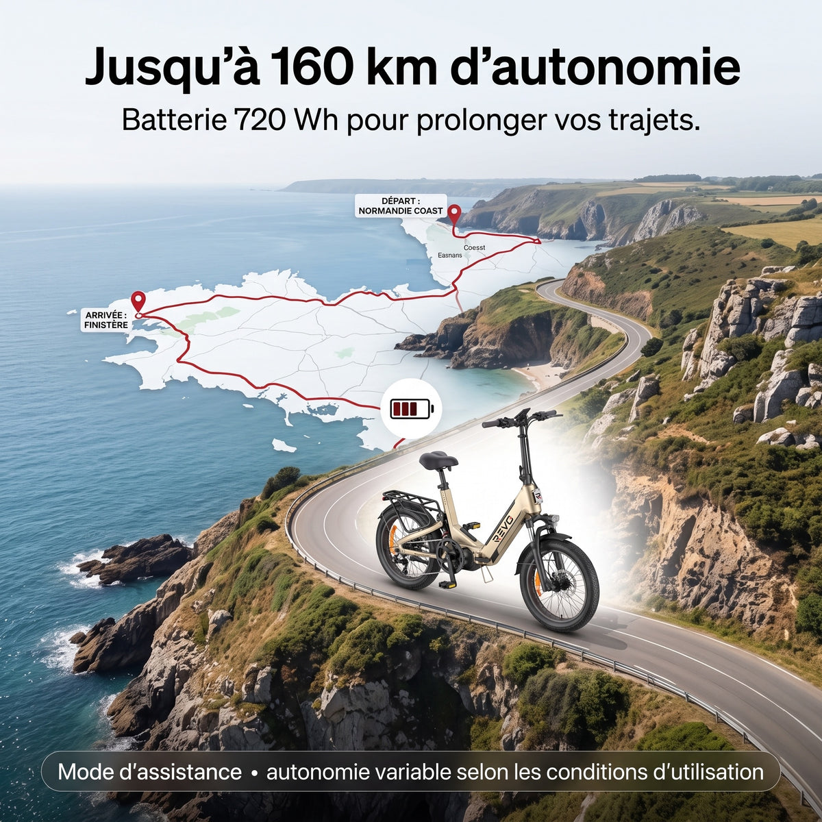 Vélo Électrique Pliable REVO Strada 160 –  Fat Bike 250 W, 100 Nm, Batterie 720 Wh, Autonomie jusqu’à 160 km & GPS
