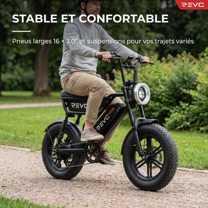 Vélo Électrique Fat Bike REVO Drifter 16 – 250 W, Batterie Amovible 48 V 13 Ah, Pneus 16 × 3.0" & Suspensions