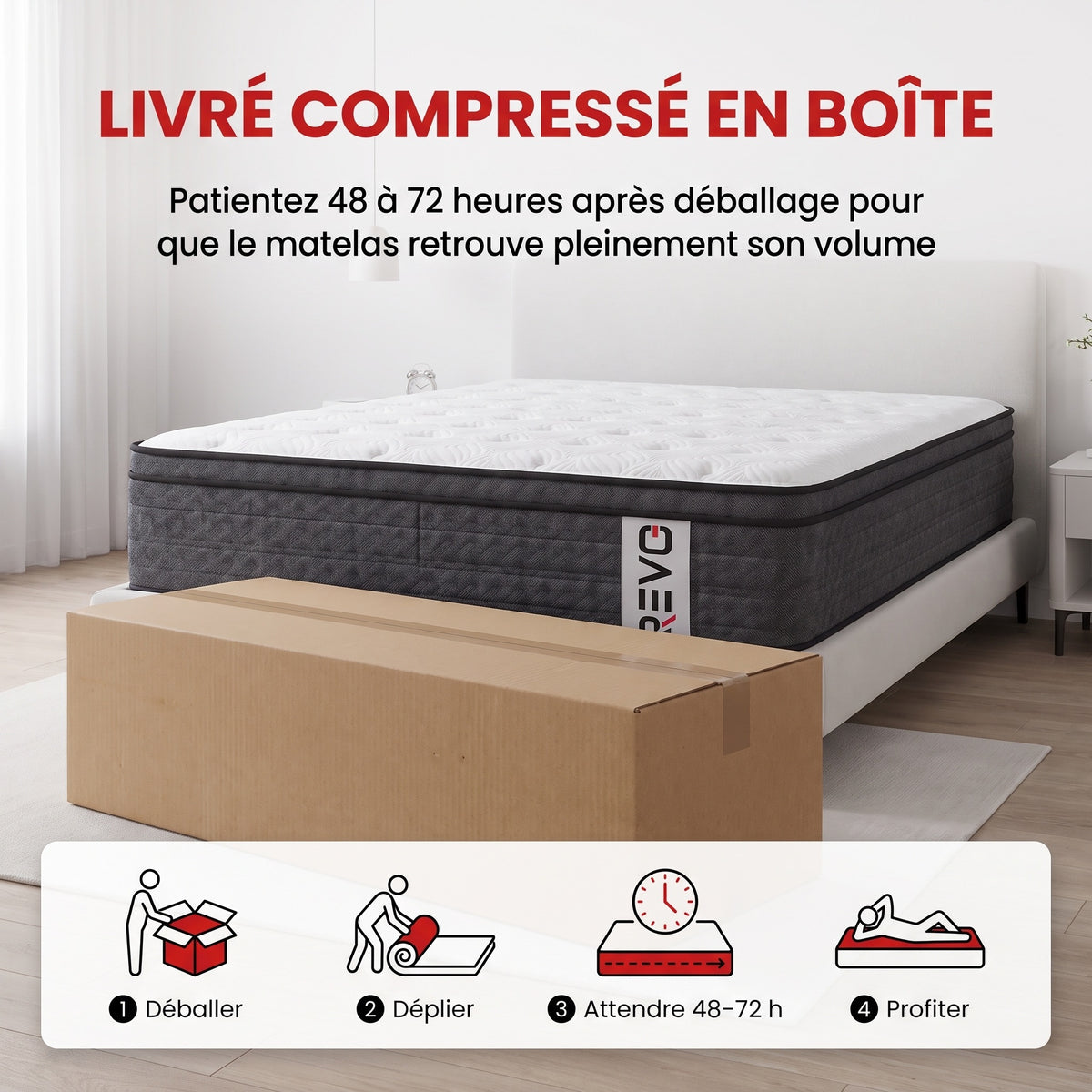 Matelas Hybride REVO Somnia 30 – 180 × 200 cm – Épaisseur 30 cm, H3 Mi-Ferme, 7 Zones, Ressorts Ensachés & Mémoire de Forme