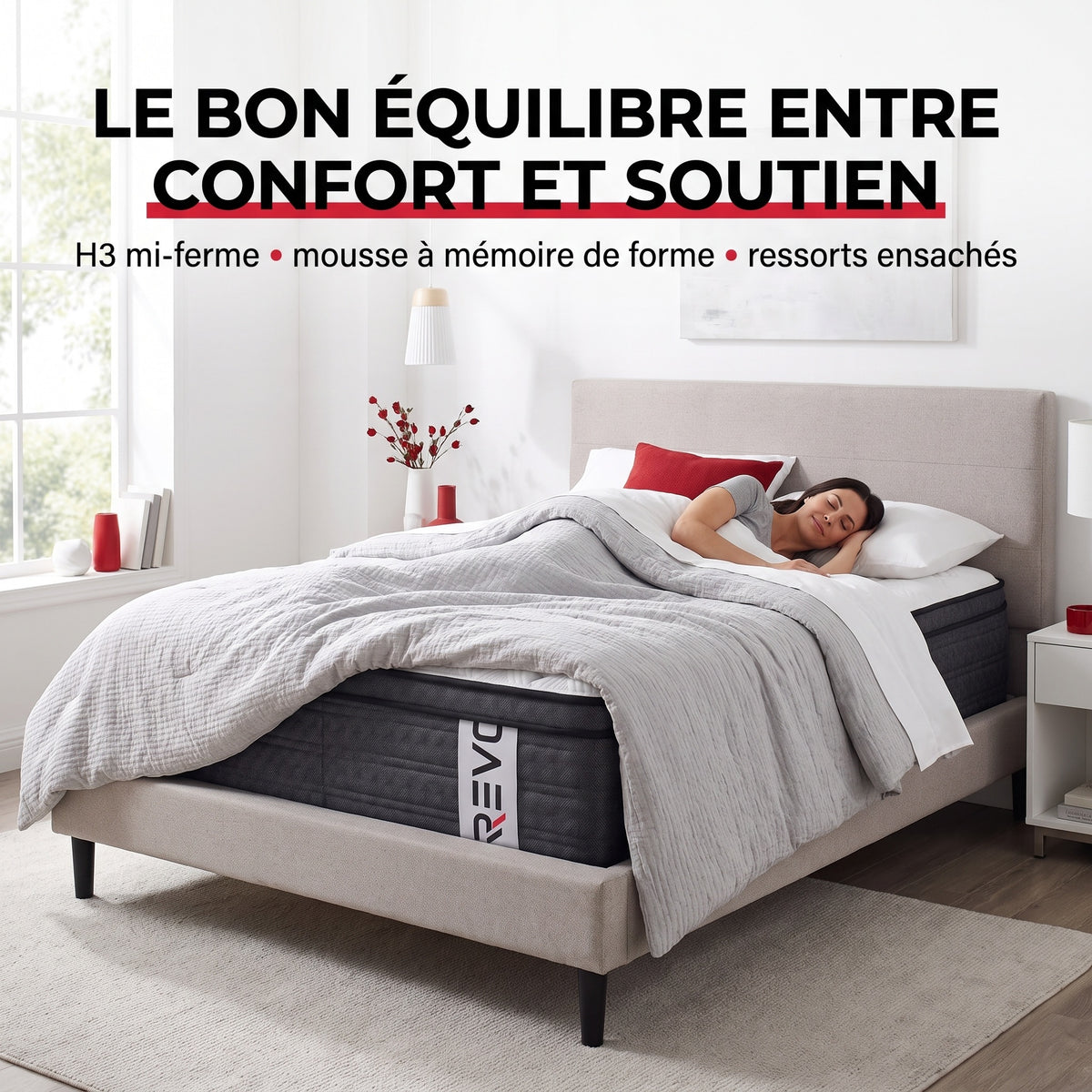 Matelas Hybride REVO Somnia 30 – 180 × 200 cm – Épaisseur 30 cm, H3 Mi-Ferme, 7 Zones, Ressorts Ensachés & Mémoire de Forme