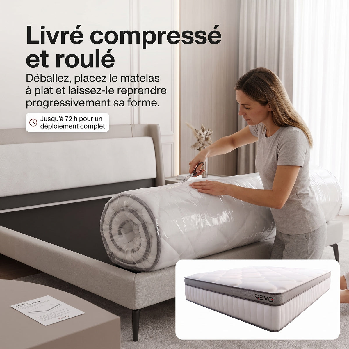 Matelas Hybride REVO Noctis 25 – 140 × 200 cm, 25 cm, Ressorts Ensachés, 7 Zones & Fermeté H3