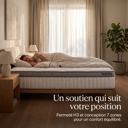 Matelas Hybride REVO Noctis 25 – 140 × 200 cm, 25 cm, Ressorts Ensachés, 7 Zones & Fermeté H3