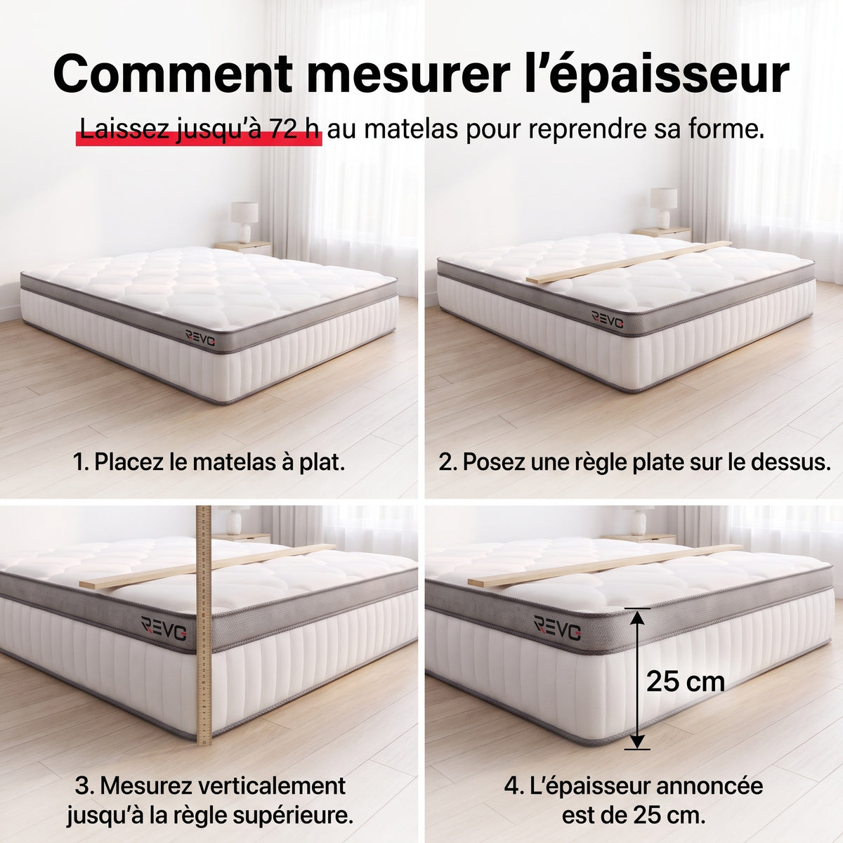 Matelas Hybride REVO Noctis 25 – 140 × 200 cm, 25 cm, Ressorts Ensachés, 7 Zones & Fermeté H3