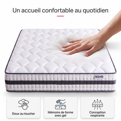 Matelas Hybride REVO Calyra 22 – 140 × 190 cm – 22 cm – 400 Ressorts Ensachés, Mousse Mémoire Gel & Soutien 7 Zones
