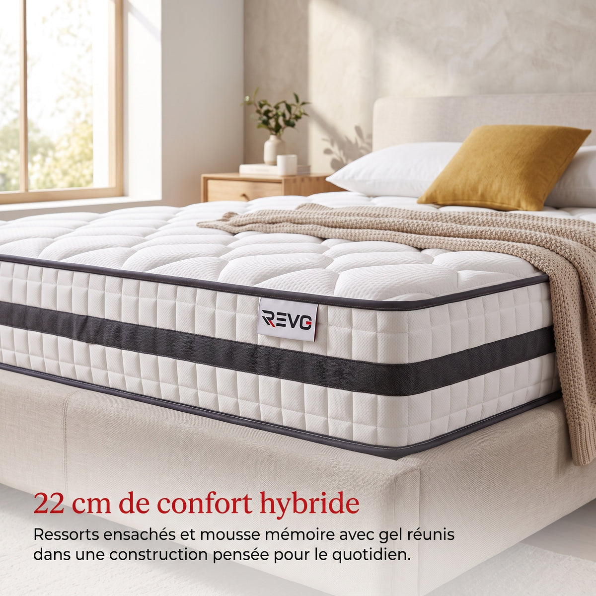 Matelas Hybride REVO Calyra 22 – 140 × 190 cm – 22 cm – 400 Ressorts Ensachés, Mousse Mémoire Gel & Soutien 7 Zones