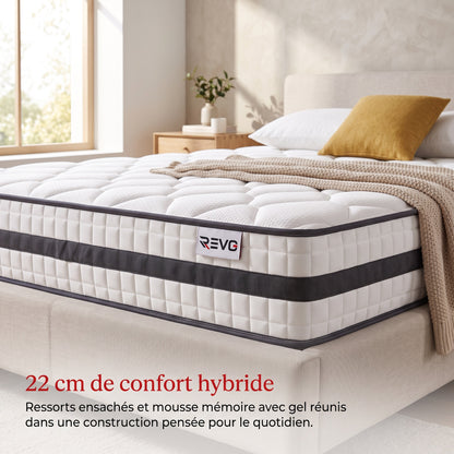 Matelas Hybride REVO Calyra 22 – 140 × 190 cm – 22 cm – 400 Ressorts Ensachés, Mousse Mémoire Gel & Soutien 7 Zones