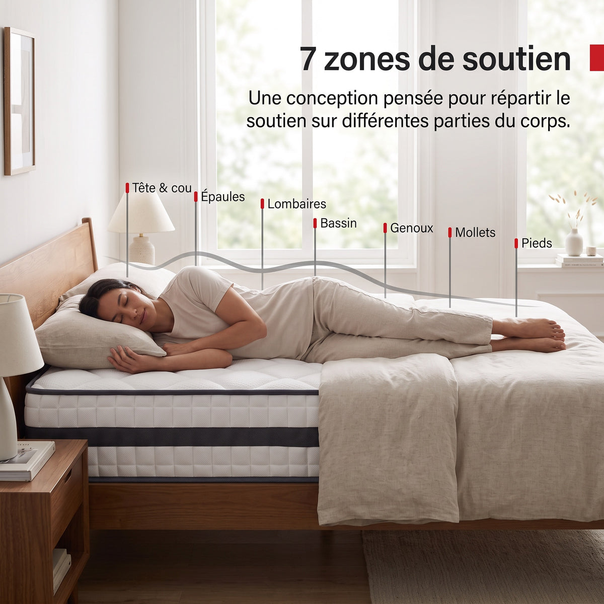 Matelas Hybride REVO Calyra 22 – 140 × 190 cm – 22 cm – 400 Ressorts Ensachés, Mousse Mémoire Gel & Soutien 7 Zones
