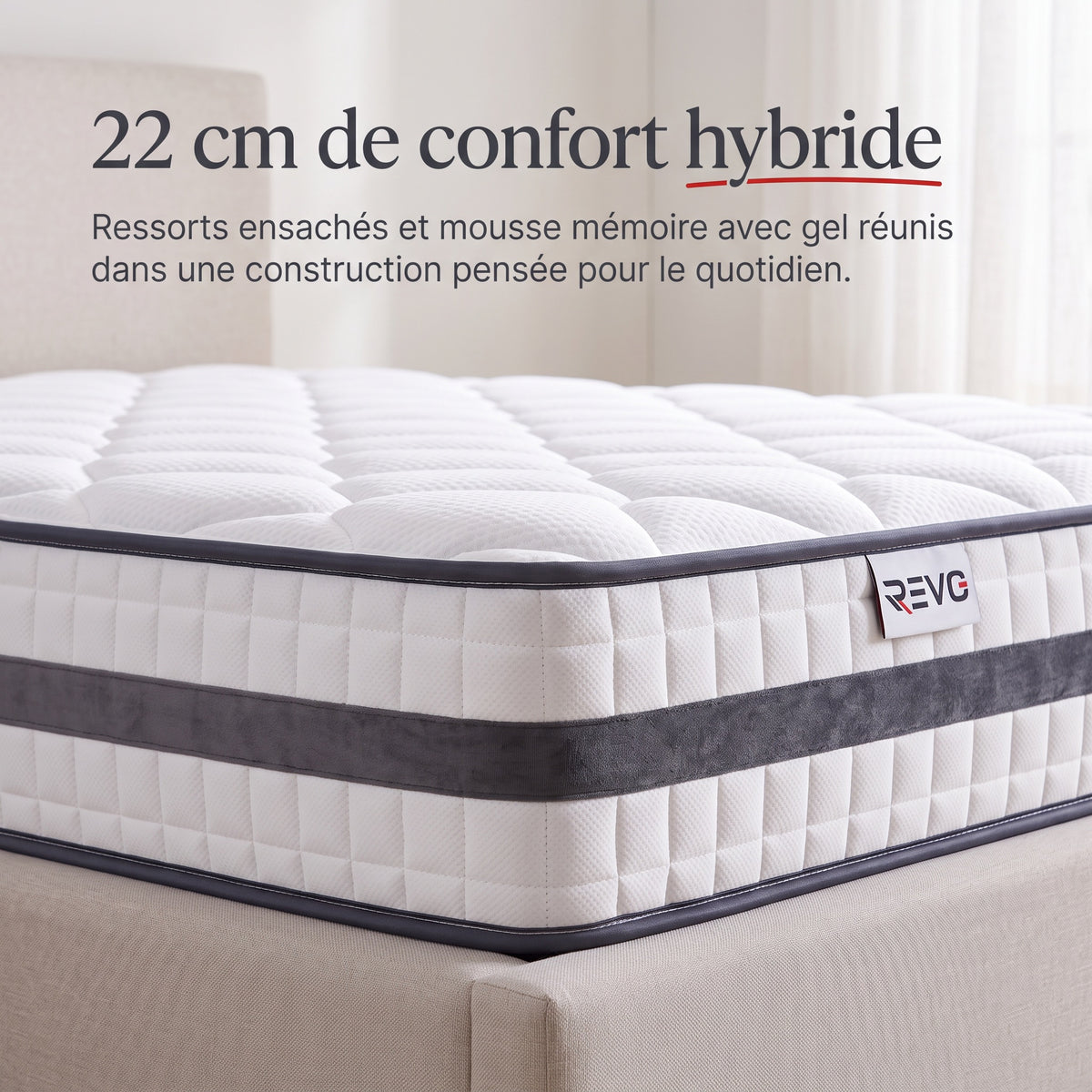 Matelas Hybride REVO Calyra 22 – 140 × 190 cm – 22 cm – 400 Ressorts Ensachés, Mousse Mémoire Gel & Soutien 7 Zones