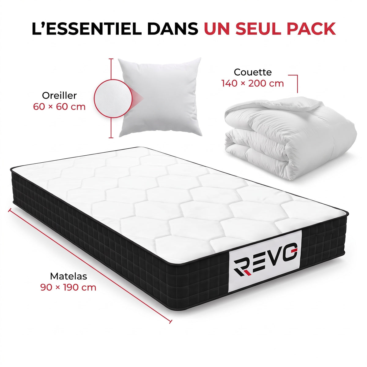 REVO Dorméa – Matelas 90 × 190 cm en Mousse à Mémoire de Forme avec Couette 140 × 200 cm & Oreiller 60 × 60 cm