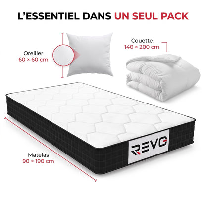 REVO Dorméa – Matelas 90 × 190 cm en Mousse à Mémoire de Forme avec Couette 140 × 200 cm & Oreiller 60 × 60 cm