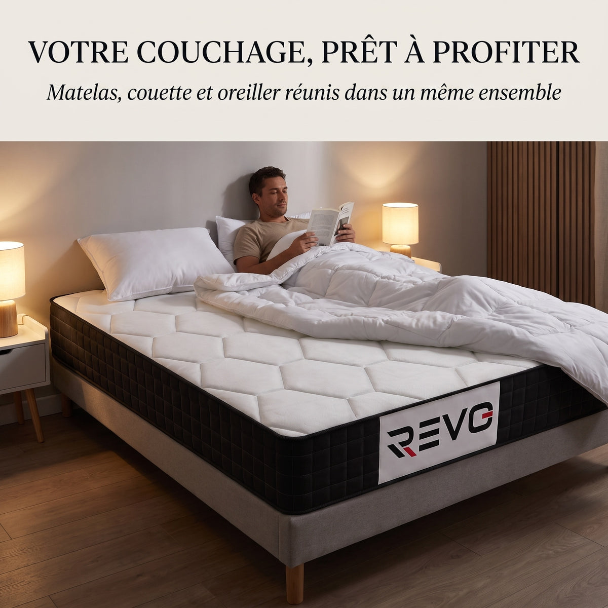 REVO Dorméa – Matelas 90 × 190 cm en Mousse à Mémoire de Forme avec Couette 140 × 200 cm & Oreiller 60 × 60 cm