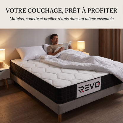 REVO Dorméa – Matelas 90 × 190 cm en Mousse à Mémoire de Forme avec Couette 140 × 200 cm & Oreiller 60 × 60 cm