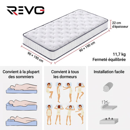 Matelas REVO Nuvéa 22 – 90 × 190 cm – Mousse à Mémoire de Forme – 22 cm – Réversible & Respirant