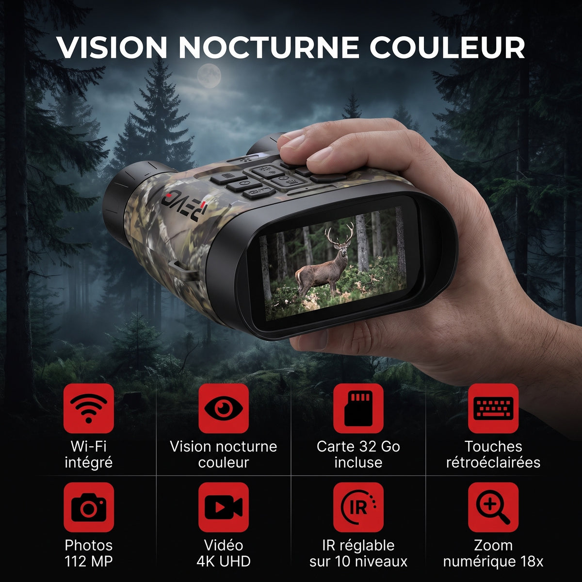 Jumelles Vision Nocturne REVO Lynx 600 – 4K UHD, Photos 112 MP, Portée IR jusqu’à 600 m & Zoom Numérique 18x