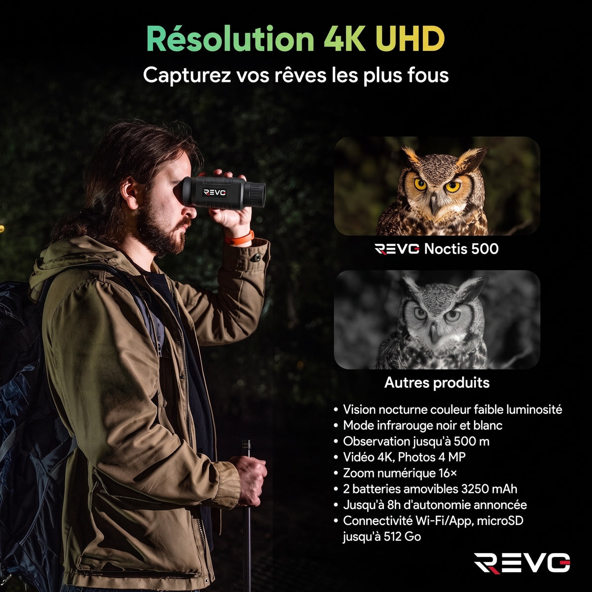 Jumelles de Vision Nocturne REVO Noctis 500 – Couleur & Infrarouge, Vidéo 4K, Zoom 16×, Portée jusqu’à 500 m