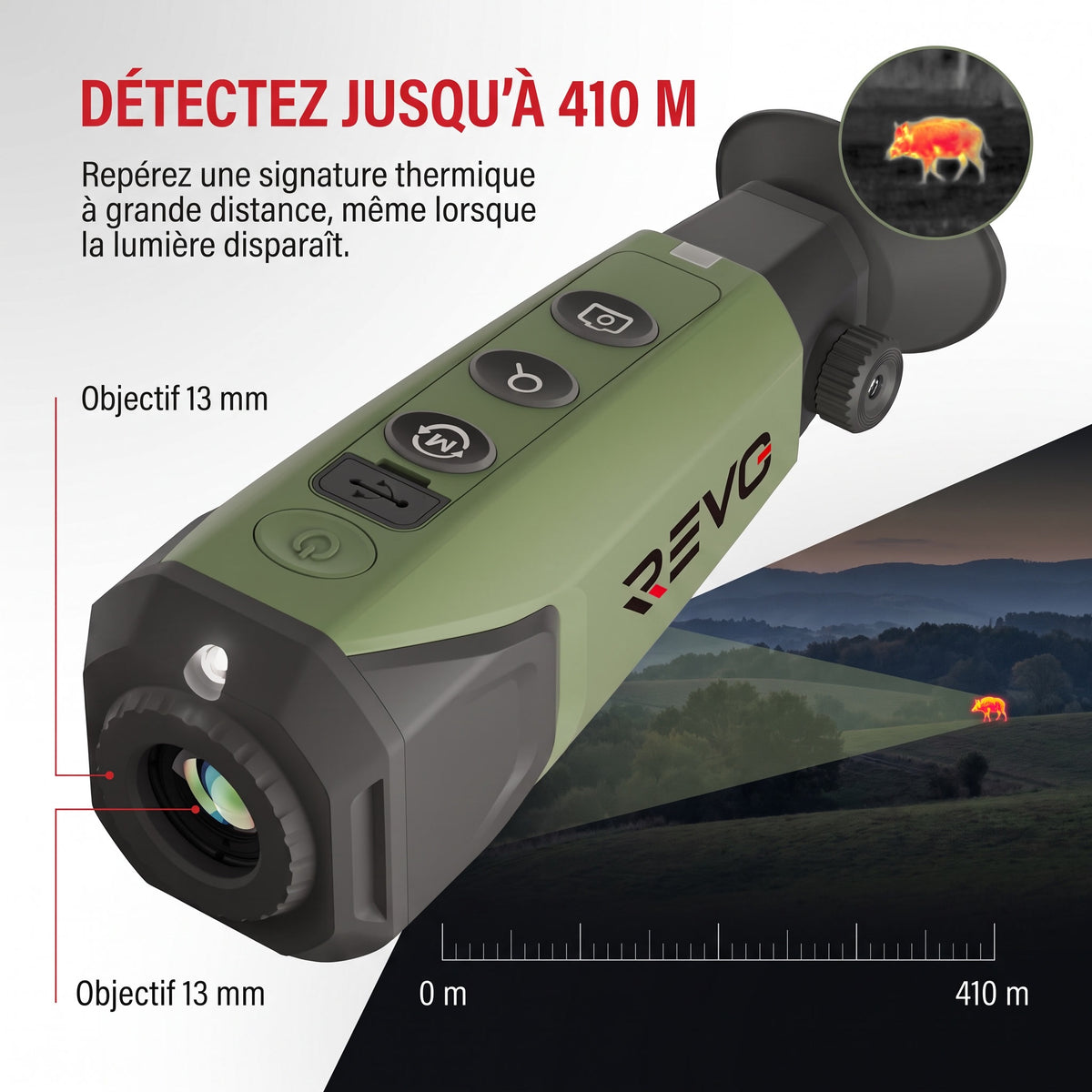 Monoculaire Thermique REVO Thermis 410 – Résolution IR 256 × 192, Détection jusqu’à 410 m, Zoom 8× & IP67