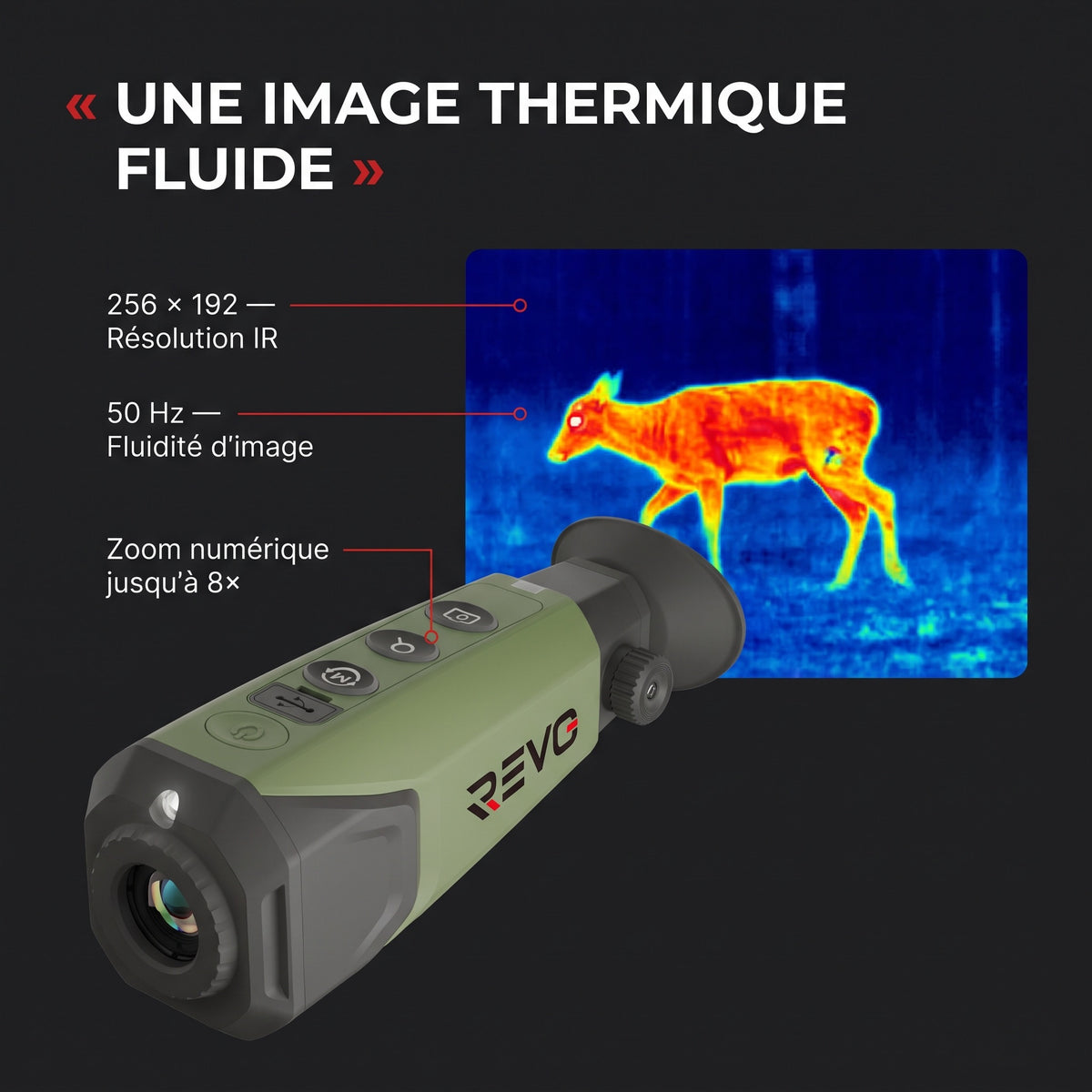 Monoculaire Thermique REVO Thermis 410 – Résolution IR 256 × 192, Détection jusqu’à 410 m, Zoom 8× & IP67