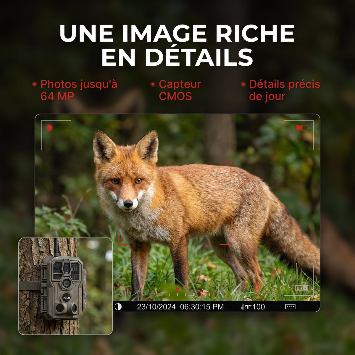 Caméra de Chasse REVO Noctra 64 – 64 MP, Vidéo 1296p, Wi-Fi, Vision Nocturne 30 m, Batterie 8 000 mAh & Mémoire 32 Go