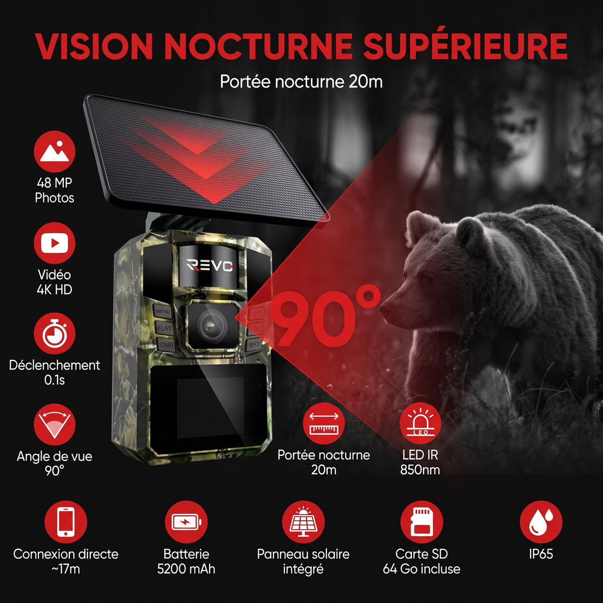 Caméra de Chasse Solaire REVO WildScan 48 – 4K, 48 MP, Vision Nocturne & Connexion Smartphone