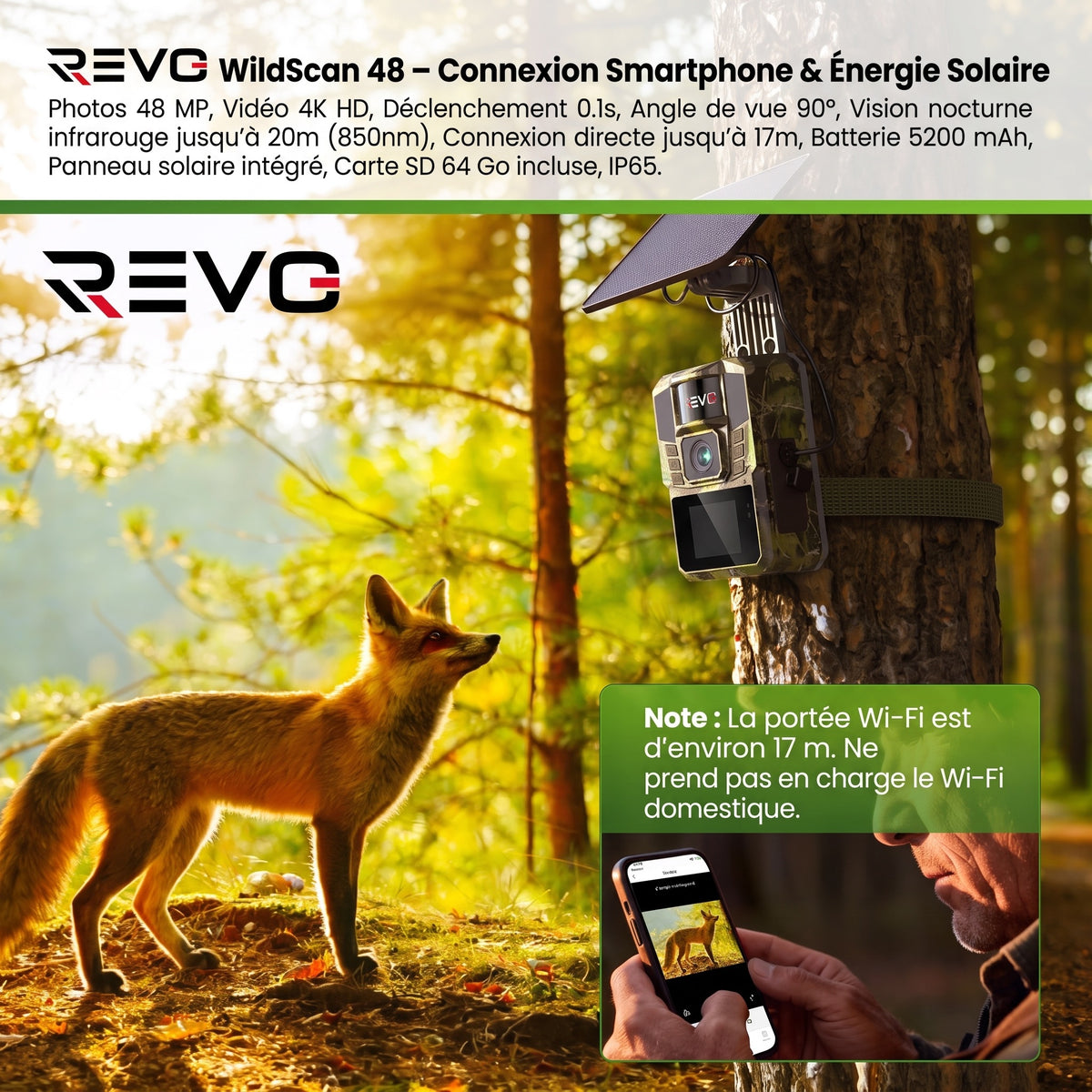 Caméra de Chasse Solaire REVO WildScan 48 – 4K, 48 MP, Vision Nocturne & Connexion Smartphone