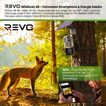 Caméra de Chasse Solaire REVO WildScan 48 – 4K, 48 MP, Vision Nocturne & Connexion Smartphone