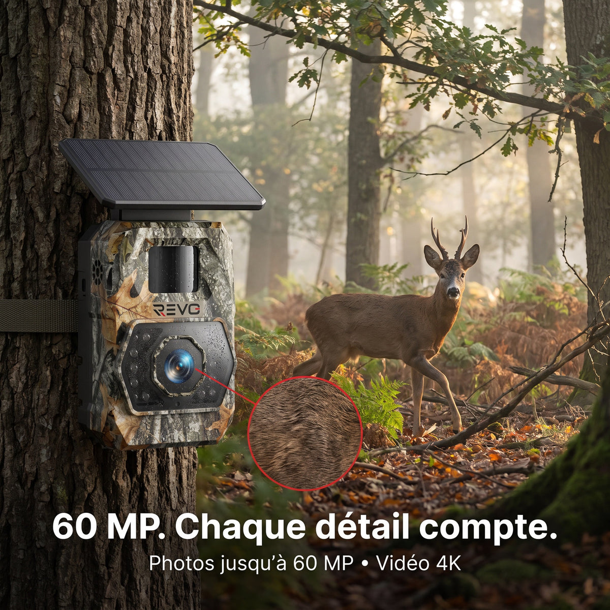 Caméra de Chasse Solaire REVO Ranger 60 – 60 MP 4K, Vision Nocturne 20 m, Batterie 5 200 mAh & Connexion Smartphone