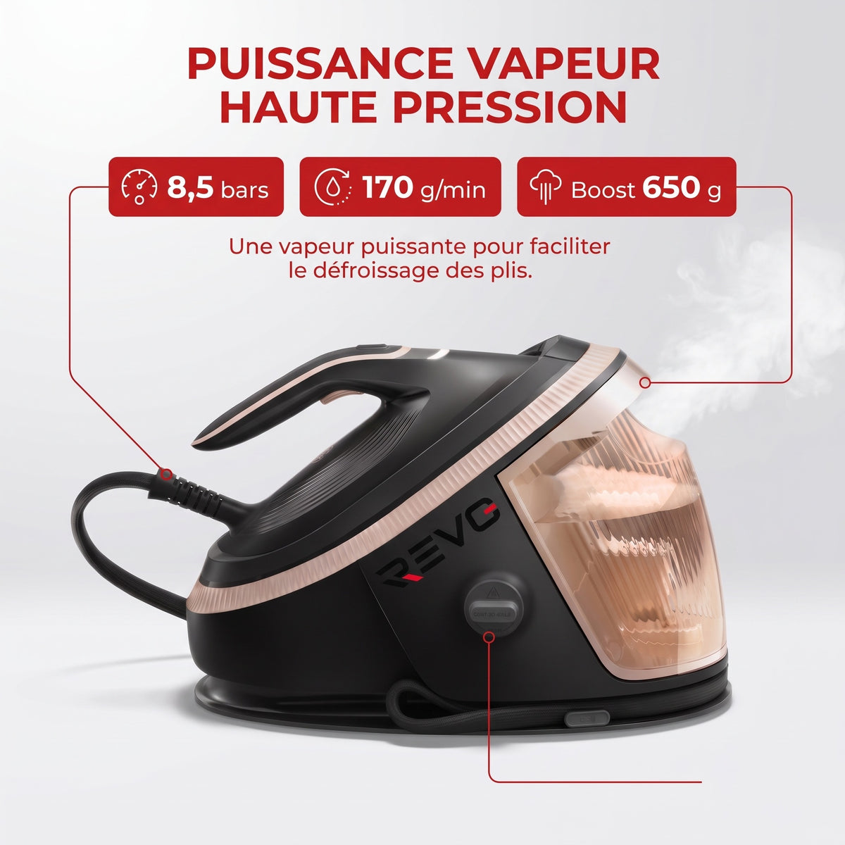 Centrale Vapeur REVO Pressia 850 – 8,5 Bars, 3 120 W, Vapeur Automatique 170 g/min & Réservoir 1,5 L