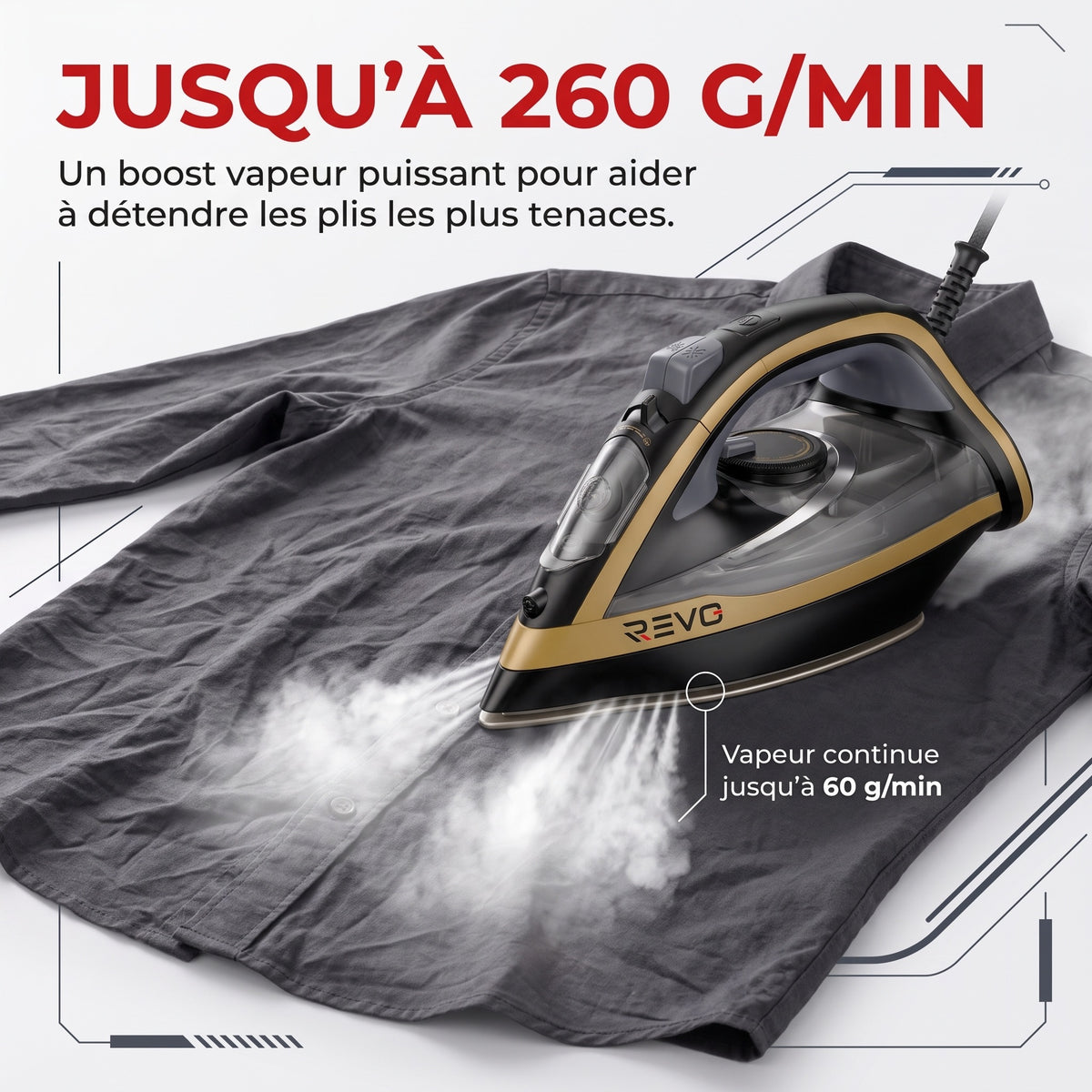 Fer à Repasser Vapeur REVO Pressium 260 – 3 000 W, Vapeur 60 g/min, Boost 260 g/min & Filtration Anticalcaire