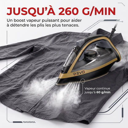 Fer à Repasser Vapeur REVO Pressium 260 – 3 000 W, Vapeur 60 g/min, Boost 260 g/min & Filtration Anticalcaire