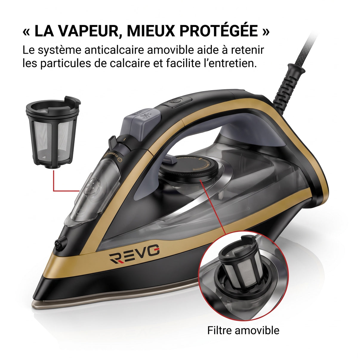 Fer à Repasser Vapeur REVO Pressium 260 – 3 000 W, Vapeur 60 g/min, Boost 260 g/min & Filtration Anticalcaire