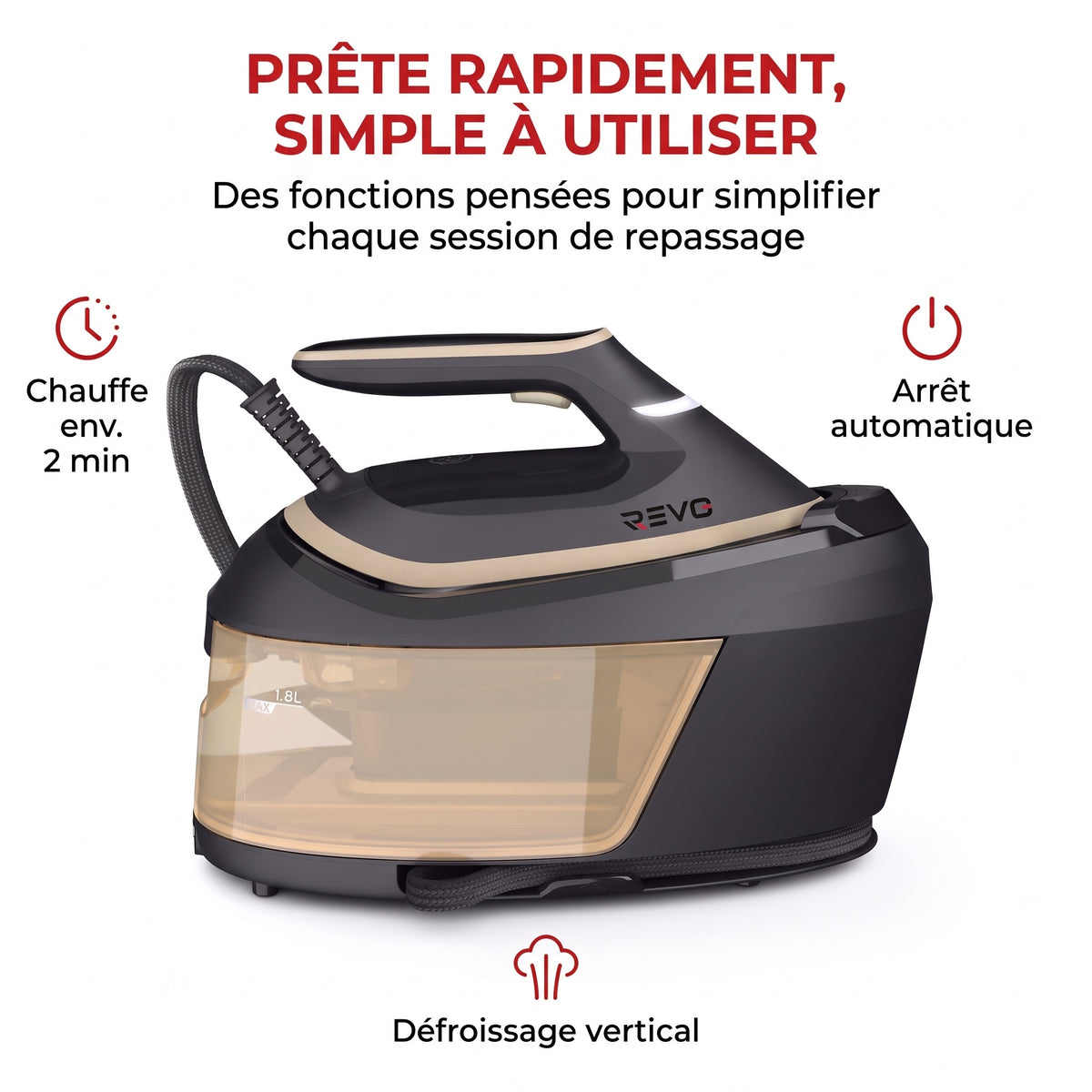 Centrale Vapeur REVO Steamora 600 – 2 400 W, 8 Bars, Effet Pressing 600 g & Réservoir 1,8 L