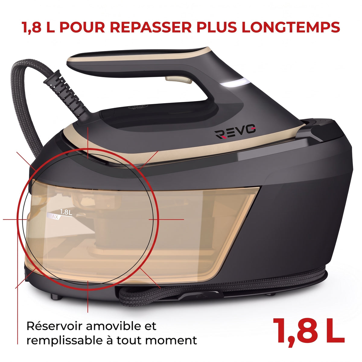 Centrale Vapeur REVO Steamora 600 – 2 400 W, 8 Bars, Effet Pressing 600 g & Réservoir 1,8 L
