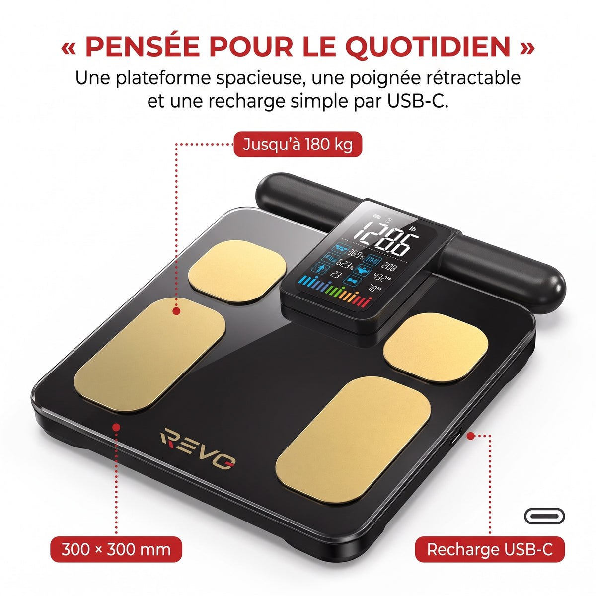 Balance Connectée Impédancemètre REVO Metrix 28 – 8 Électrodes, 28 Mesures Corporelles, Écran TFT & Application Bluetooth