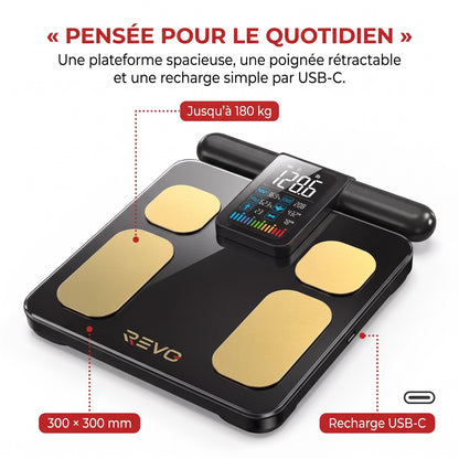 Balance Connectée Impédancemètre REVO Metrix 28 – 8 Électrodes, 28 Mesures Corporelles, Écran TFT & Application Bluetooth