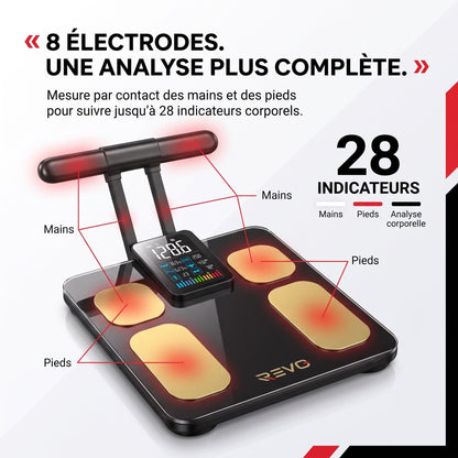 Balance Connectée Impédancemètre REVO Metrix 28 – 8 Électrodes, 28 Mesures Corporelles, Écran TFT & Application Bluetooth