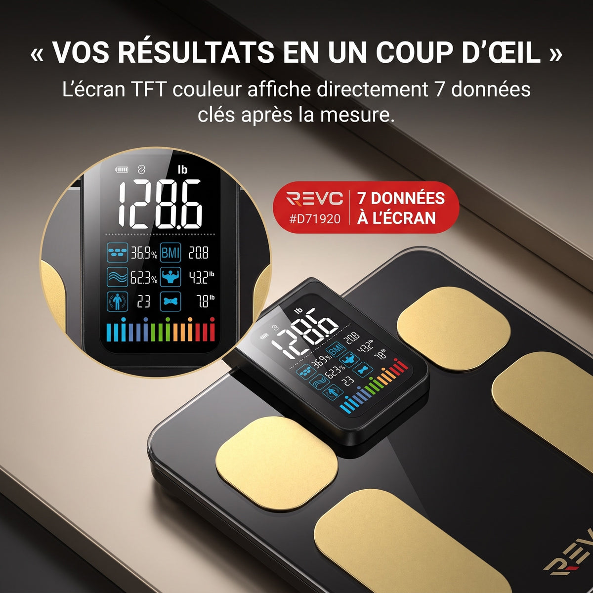 Balance Connectée Impédancemètre REVO Metrix 28 – 8 Électrodes, 28 Mesures Corporelles, Écran TFT & Application Bluetooth