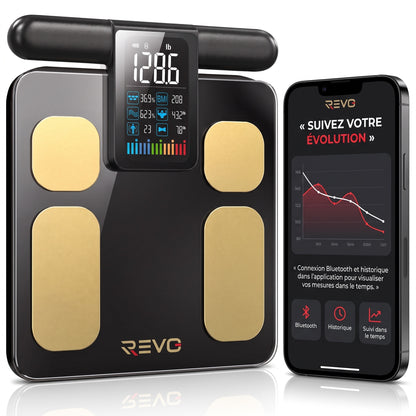 Balance Connectée Impédancemètre REVO Metrix 28 – 8 Électrodes, 28 Mesures Corporelles, Écran TFT & Application Bluetooth