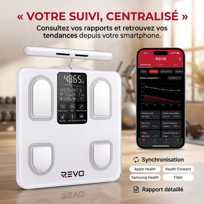 Balance Impédancemètre Connectée REVO Forma 8 – 8 Électrodes, Analyse Corporelle, Bluetooth & Écran LED – 180 kg