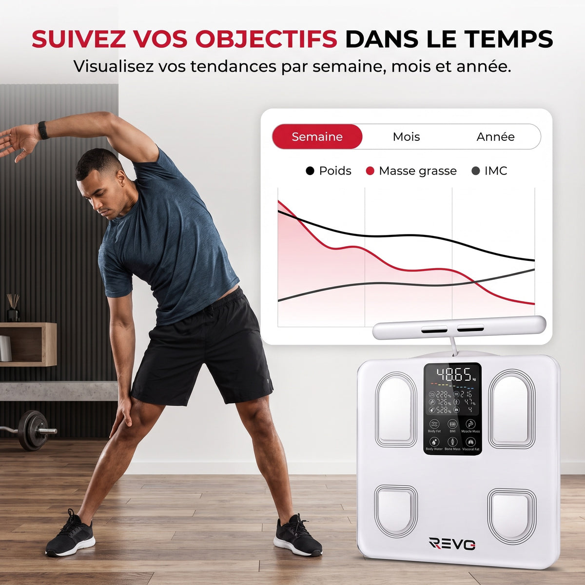 Balance Impédancemètre Connectée REVO Forma 8 – 8 Électrodes, Analyse Corporelle, Bluetooth & Écran LED – 180 kg