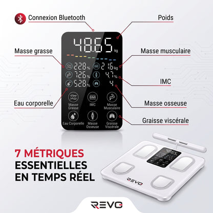 Balance Impédancemètre Connectée REVO Forma 8 – 8 Électrodes, Analyse Corporelle, Bluetooth & Écran LED – 180 kg