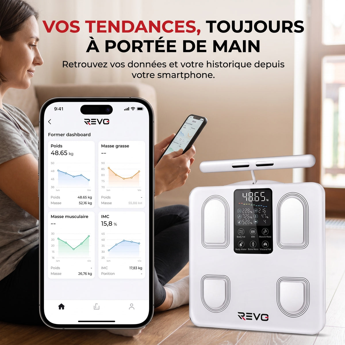 Balance Impédancemètre Connectée REVO Forma 8 – 8 Électrodes, Analyse Corporelle, Bluetooth & Écran LED – 180 kg