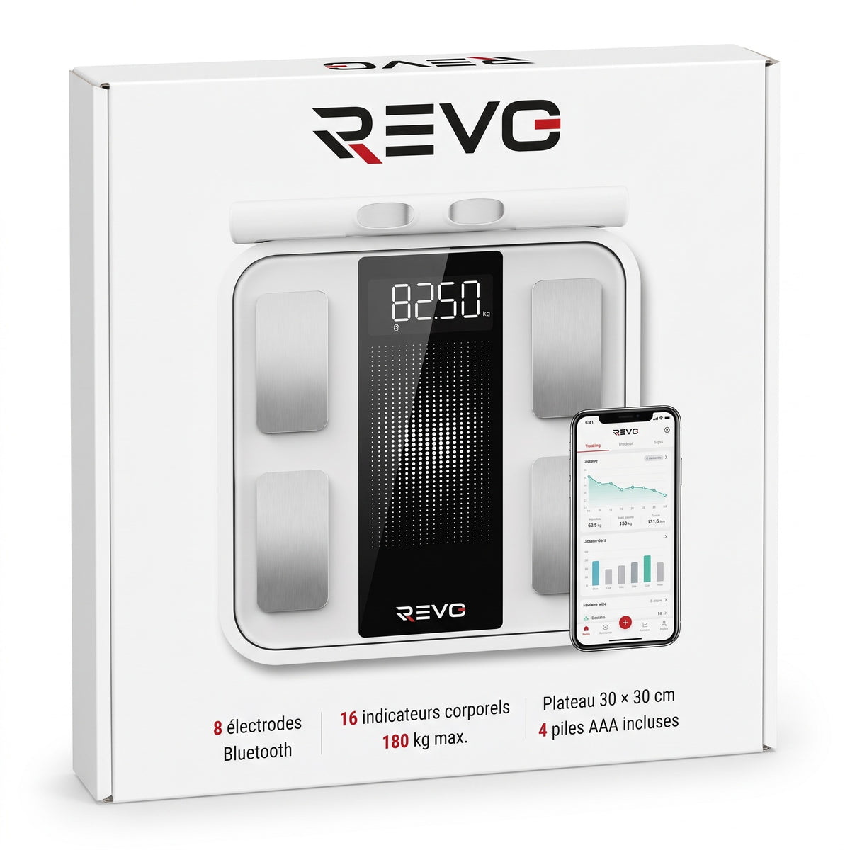 Balance Connectée REVO Scanova 16 – 8 Électrodes, Analyse Corporelle Segmentée, Bluetooth & 16 Indicateurs