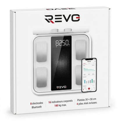 Balance Connectée REVO Scanova 16 – 8 Électrodes, Analyse Corporelle Segmentée, Bluetooth & 16 Indicateurs