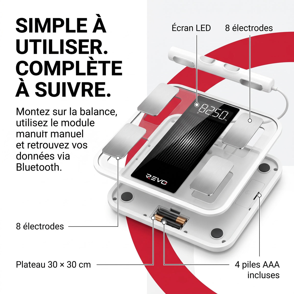 Balance Connectée REVO Scanova 16 – 8 Électrodes, Analyse Corporelle Segmentée, Bluetooth & 16 Indicateurs