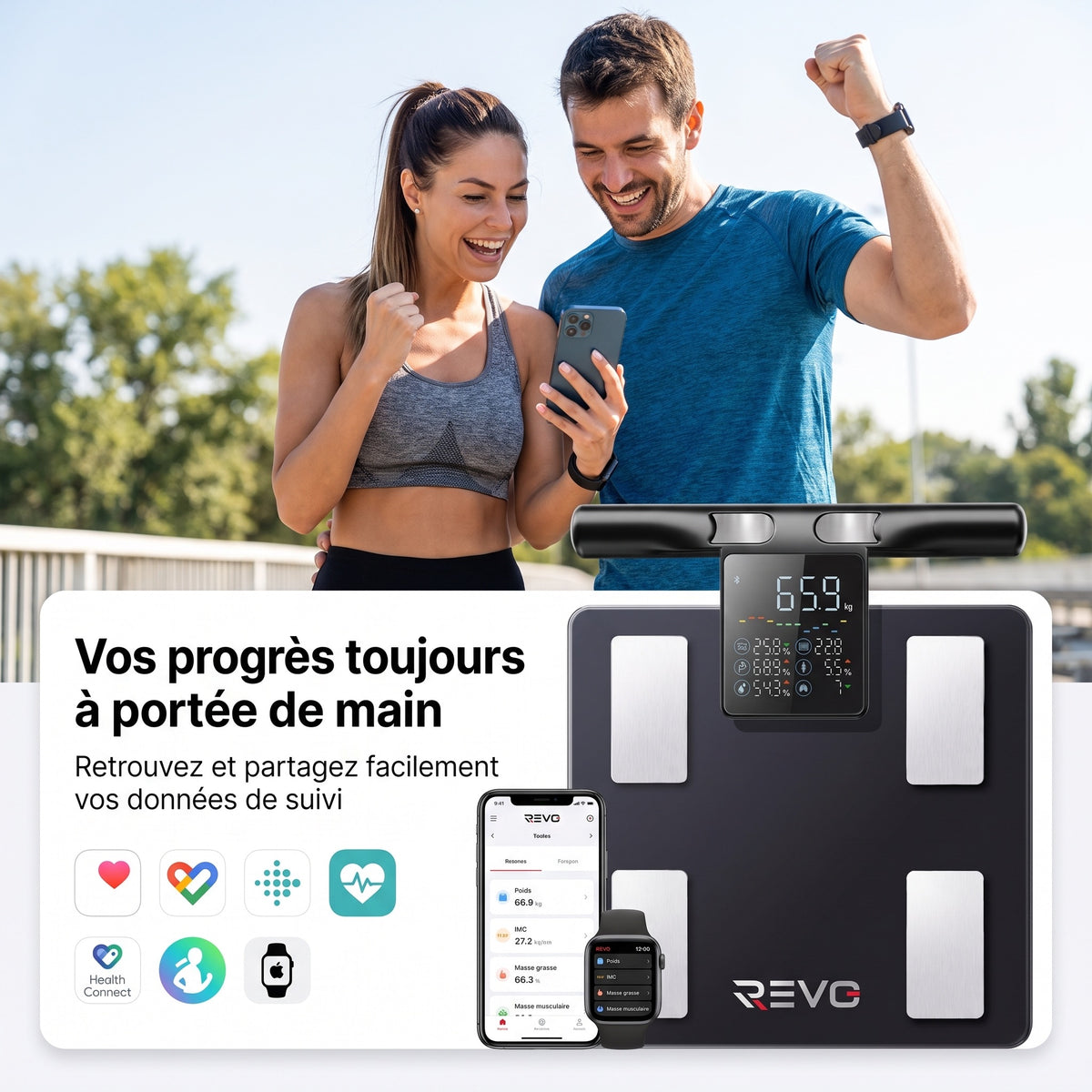 Balance Connectée REVO Physia 50 – Impédancemètre 8 Électrodes, 50 Mesures Corporelles & Analyse Segmentaire