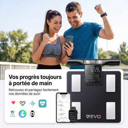 Balance Connectée REVO Physia 50 – Impédancemètre 8 Électrodes, 50 Mesures Corporelles & Analyse Segmentaire