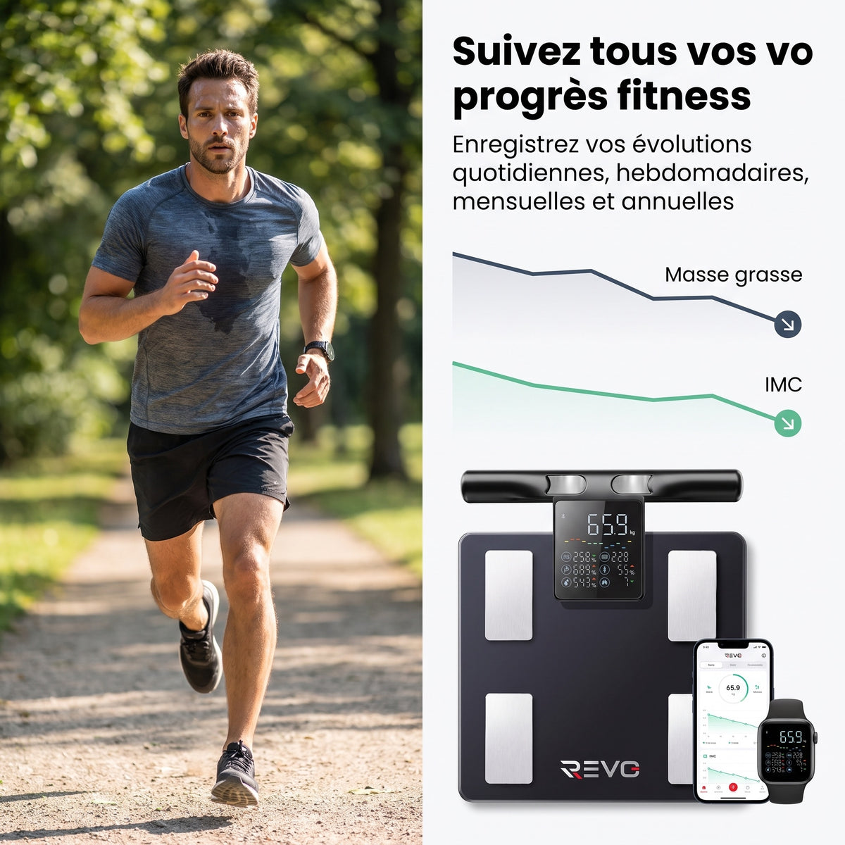 Balance Connectée REVO Physia 50 – Impédancemètre 8 Électrodes, 50 Mesures Corporelles & Analyse Segmentaire