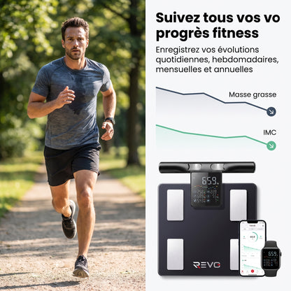 Balance Connectée REVO Physia 50 – Impédancemètre 8 Électrodes, 50 Mesures Corporelles & Analyse Segmentaire